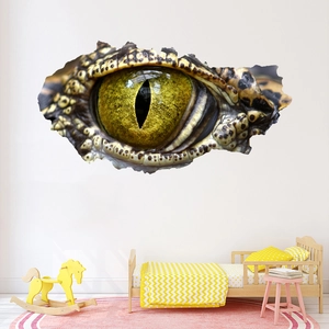 Macro detail of 3D broken wall sticker featuring a realistic yellow dinosaur eye