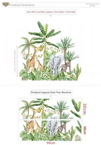 Detail view of jungle animals wall decals with layout dimensions and product sizes