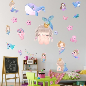 Stickers muraux océan avec sirènes et baleines pour décoration de chambre enfant