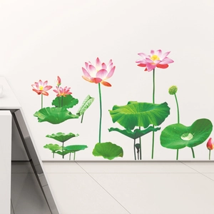 Chinese Style Lotus Flower Wall Stickers Waterproof PVC Self Adhesive Peony Decals For Living Room Bedroom Background Home Decor