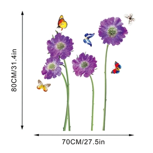 Detailed wall sticker layout with purple flowers and colorful butterflies showing dimensions