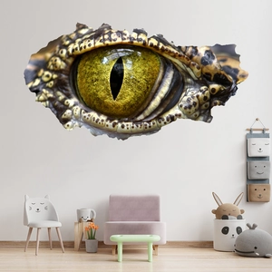 3D realistic wall sticker of a green crocodile eye in a modern kids room setting