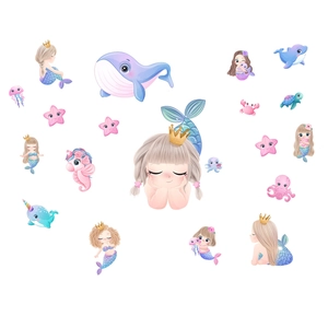 Stickers muraux océan aquarelle avec sirènes et baleines pour décoration de chambre