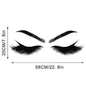 Detailed dimension guide for black vinyl eyelash and eyebrow wall decals 58cm by 20cm size