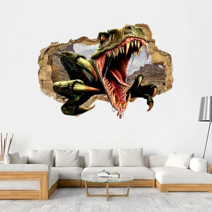 3D realistic dinosaur wall decal with wall-breaking effect for living room decoration