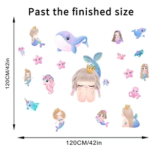 Détails des stickers muraux océan avec sirènes et baleines incluant les dimensions