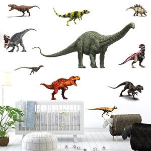 Vibrant dinosaur wall stickers set for nursery decor featuring T-Rex and Brachiosaurus