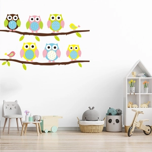 Cartoon Owl And Bird Tree Branch Wall Sticker PVC Waterproof Self Adhesive Wall Decal For Kids Room Living Room Decor