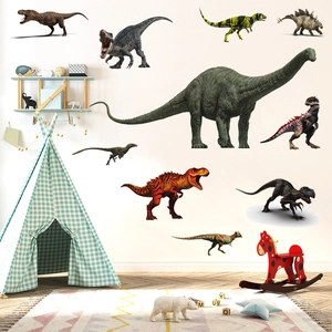 Vibrant dinosaur wall stickers set featuring T-Rex and Diplodocus for kids playroom decor