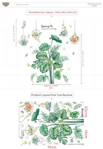 Detail view of tropical monstera wall decals with layout and finished sizes 120x80cm