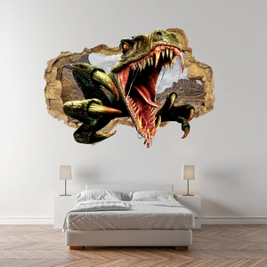 3D wall sticker featuring a realistic dinosaur breaking through wall for kids bedroom decor