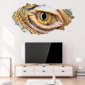 3D visual wall sticker showing a close-up of a reptile eye breaking through a white wall
