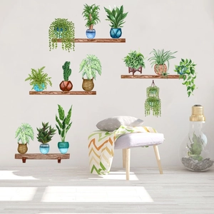 Realistic green plant wall stickers and wooden shelves decor for a minimalist home
