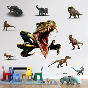 3D realistic dinosaur wall stickers for kids room featuring T-Rex and Triceratops