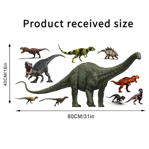 Detailed size chart for dinosaur wall decals showing 80cm x 40cm layout dimensions