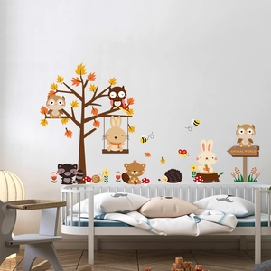 Cartoon forest animals wall stickers with owl and rabbit for kids nursery wall decor