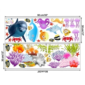 Layout di adesivi murali vita marina con delfini e balene cartoon su due fogli da 90x30cm