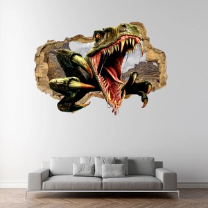 Detailed 3D wall sticker featuring a realistic roaring dinosaur breaking through a stone wall