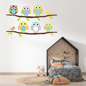 Cartoon owl and birds on tree branches wall stickers for kids bedroom decor