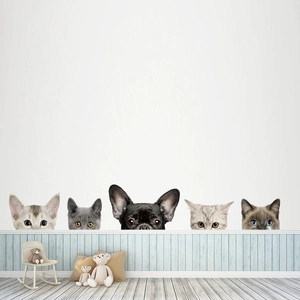 Cute self-adhesive wall stickers with realistic cat and French bulldog peeking animal designs