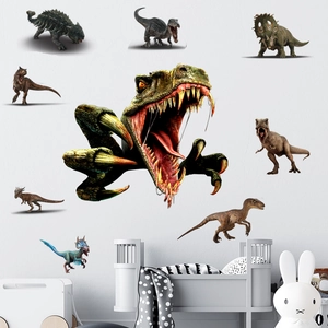 3D dinosaur wall sticker set featuring a realistic t-rex head breaking through the wall