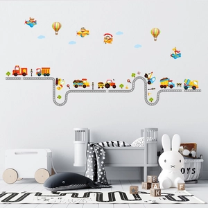 Detailed wall sticker set featuring cartoon cars, planes, and roads for kids room decoration