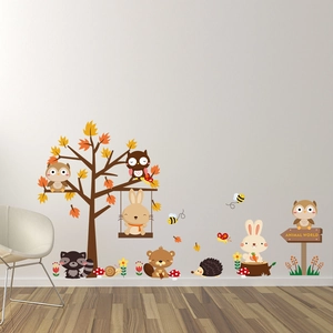 Cartoon forest animals wall stickers featuring rabbit and squirrel for kids room decor