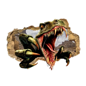 3D wall sticker featuring a realistic dinosaur breaking through a stone wall for room decor
