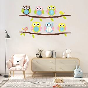 Cartoon owl and bird wall stickers on tree branches for kids bedroom wall decor