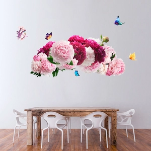 Peony flower and butterfly self-adhesive wall decals for home living room decor