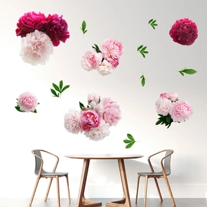 Peony flower wall stickers with green leaves for living room and bedroom wall decoration
