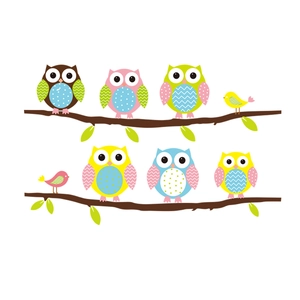 Cartoon owl and bird on branches wall stickers for kids room and living room decor