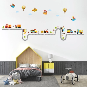 Cartoon Transportation Road Construction Vehicles Hot Air Balloon Airplane Wall Stickers For Kids Room PVC Decor