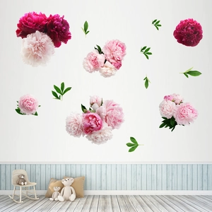 Self-adhesive wall sticker featuring pink peony flowers and green leaves on white walls