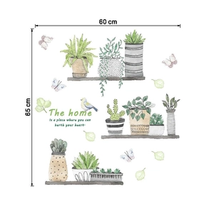 Detailed watercolor wall sticker featuring green plants, succulents and home quote birds