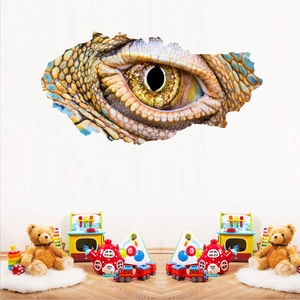 Detail of 3D cracked wall sticker showing a realistic lizard eye and reptile scales texture