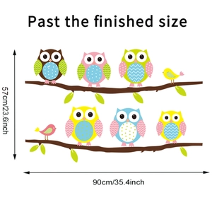 Detailed dimension guide for cartoon owl and bird wall stickers measuring 90cm x 57cm