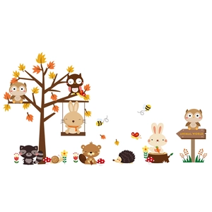 Forest animals wall stickers with cute rabbits and owls for kids room decor