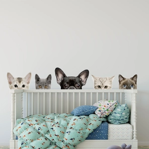 Self-adhesive 3D cat and dog wall stickers for home decor featuring peeking pets