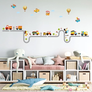 Cartoon wall stickers set with vehicles, hot air balloons and road for kids room