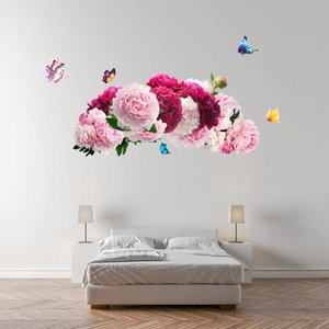 Vibrant peony flower wall decal set with colorful butterflies for living room decor