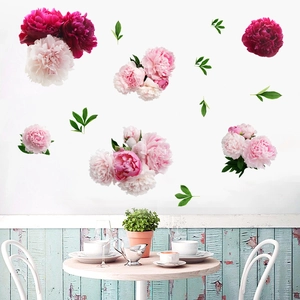 Peony flower wall decals with green leaves for living room decor, self-adhesive PVC stickers