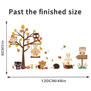 Detail view of forest animal wall decals set showing a finished size of 80cm by 120cm