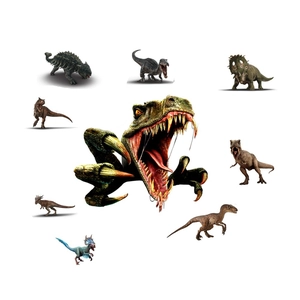 Realistic dinosaur wall stickers set featuring cracked wall effect and various 3D species