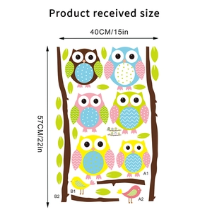 Detailed sheet layout of cartoon owl and bird wall stickers with size dimensions
