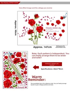 Detail view of red rose wall decals with dimensions 147x98cm for living room decor
