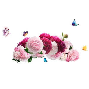 Adhesive wall sticker featuring pink peony flowers and colorful butterflies on white background