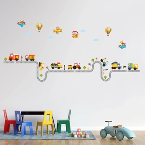 Cartoon transportation wall stickers with road tracks and hot air balloons for kids room