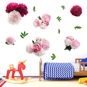 Detail showing pink peony flowers and green leaves self-adhesive wall stickers for home decor