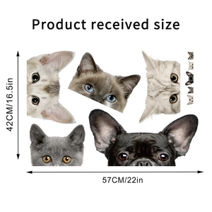 Detailed sheet showing dimensions of cat and dog wall stickers with size measurements